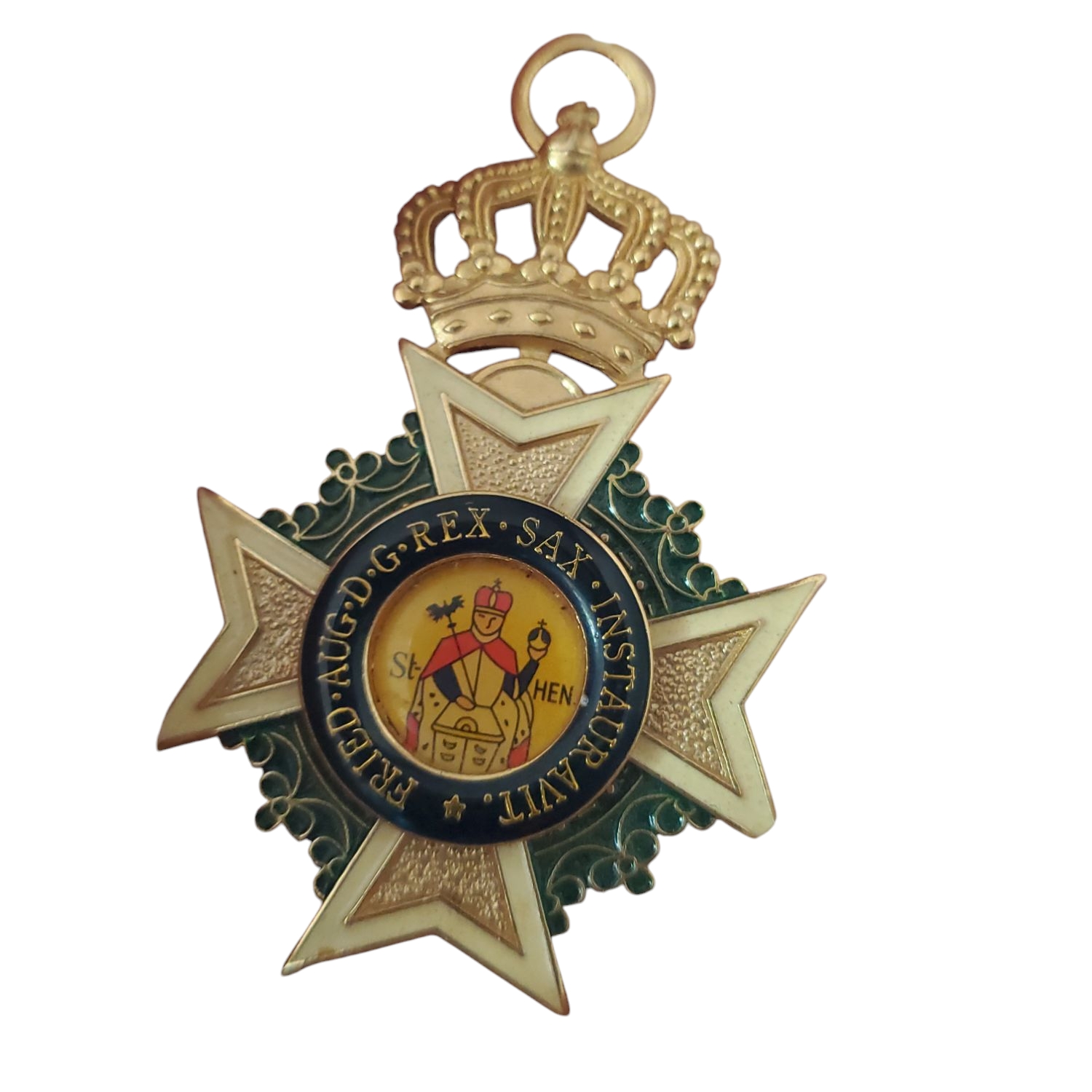 Gold-Tone And Green Medal With Crown Design